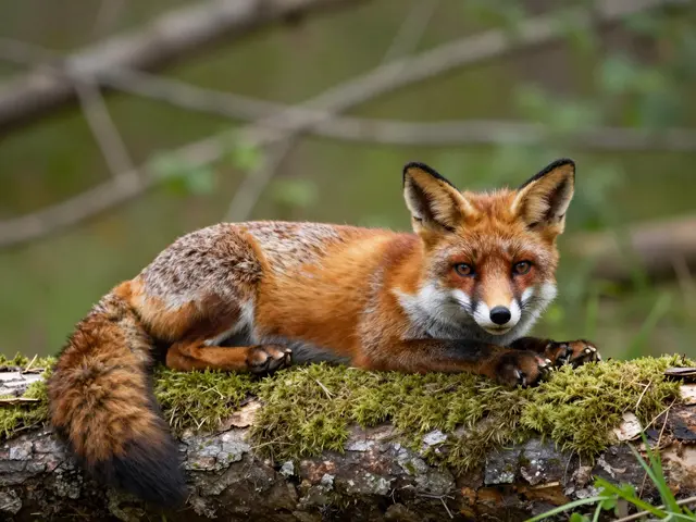 A red fox lies calmly on a moss-covered log, looking directly at the camera in a sun-dappled forest.