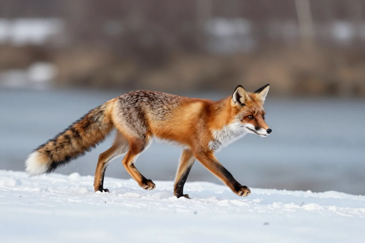 A red fox trots across fresh snow alongside a calm river at dawn