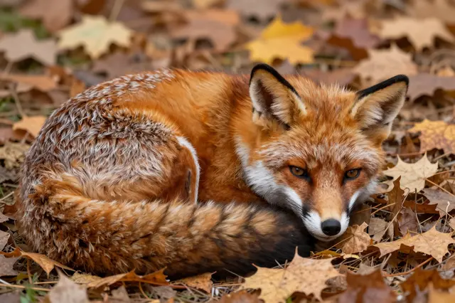 A curled red fox rests on a bed of dry fallen autumn maple leaves