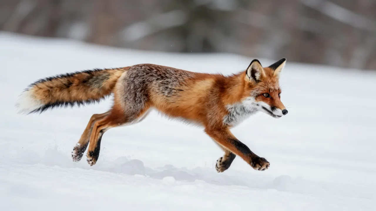 A red fox bounds mid-movement across a smooth, snow-covered winter landscape