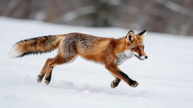 A red fox bounds mid-movement across a smooth, snow-covered winter landscape