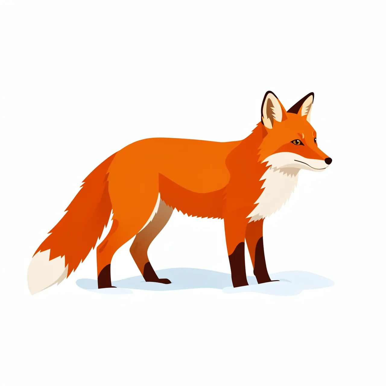 Side view flat vector illustration of a red fox standing on fresh white snow against a plain background