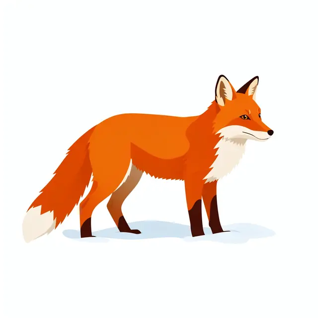 Side view flat vector illustration of a red fox standing on fresh white snow against a plain background