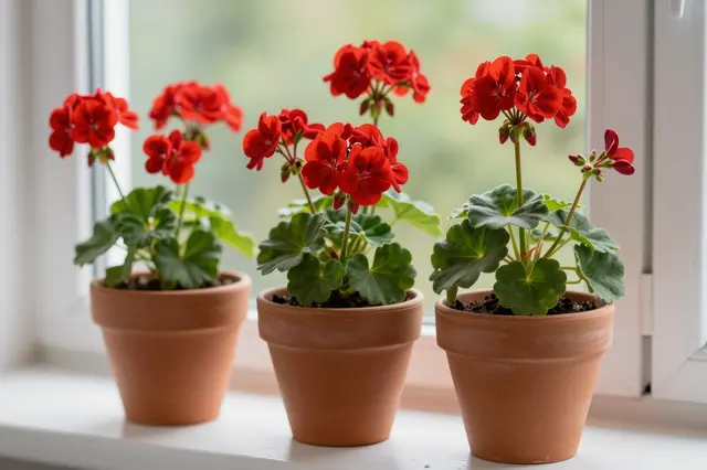 Three potted red geranium plants in terracotta pots sit on a bright indoor windowsill with blurred green outdoor background.