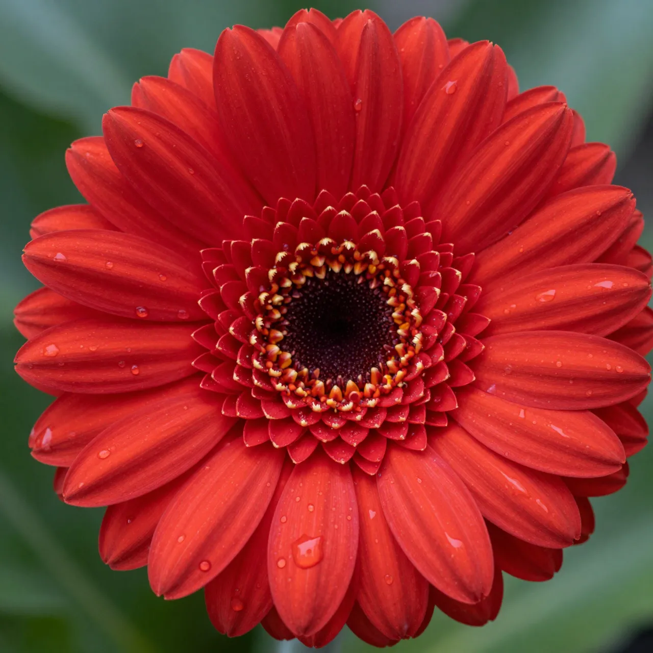Close-up macro shot of a vibrant red gerbera flower dotted with clear water droplets against a soft blurred green background.