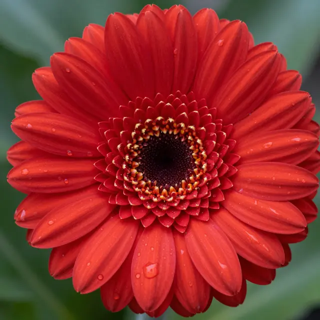 Close-up macro shot of a vibrant red gerbera flower dotted with clear water droplets against a soft blurred green background.
