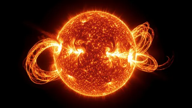 A glowing red giant star with a churning surface erupts with bright looping plasma flares against black space