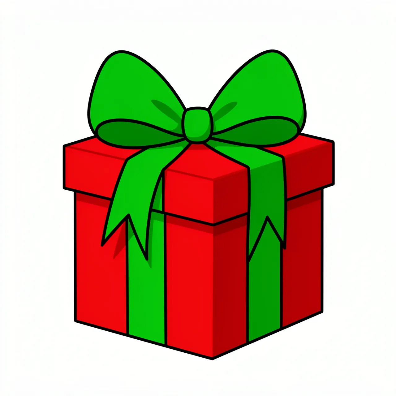 Flat clipart illustration of a red gift box with a large green bow isolated on a white background