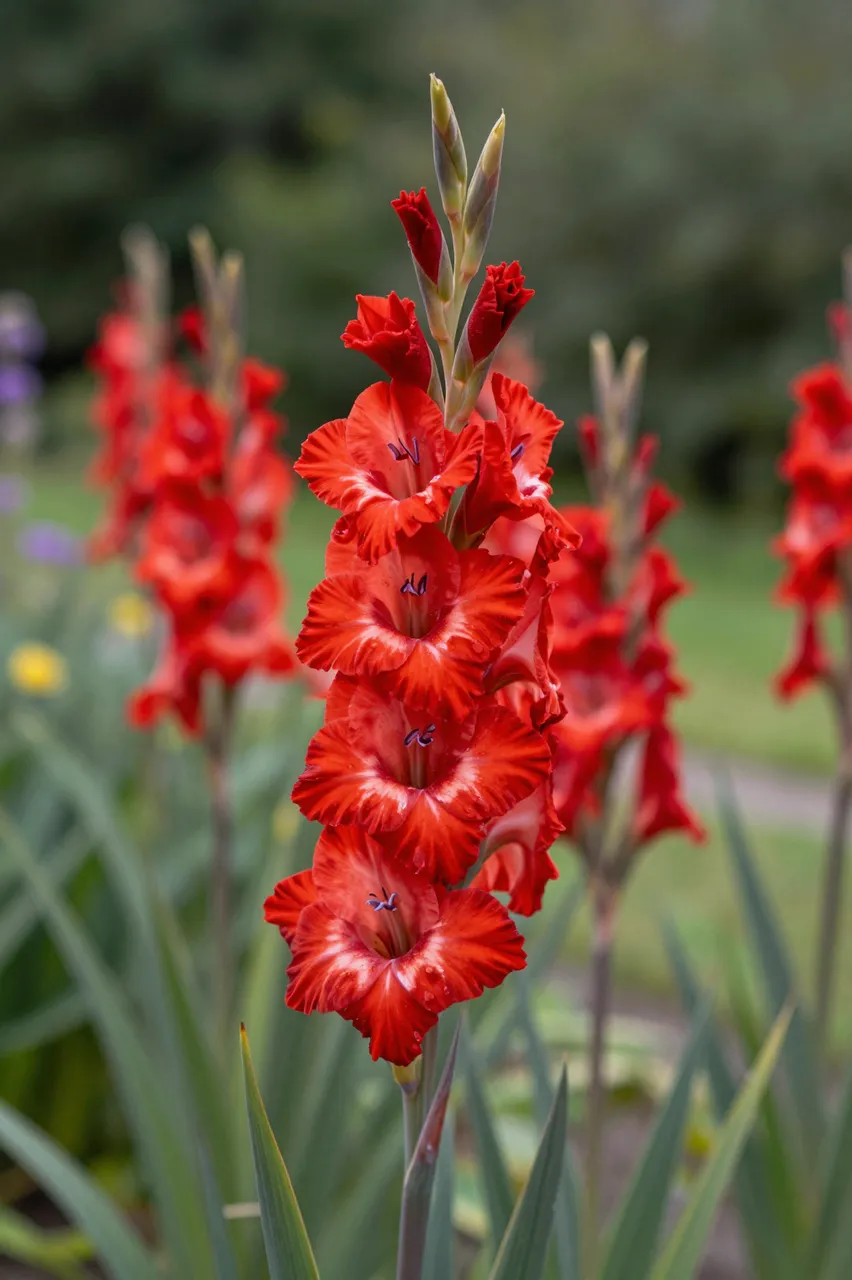 Sharp foreground red gladiolus spike with ruffled blooms stands out against a soft blurred garden background