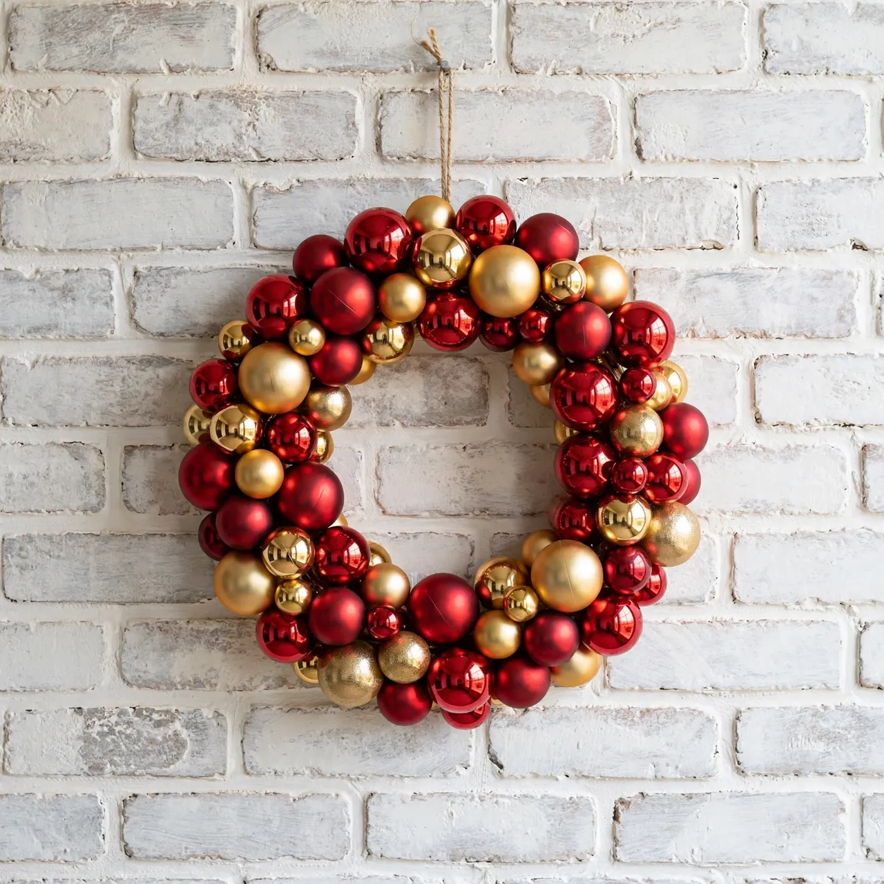 A wreath of red and gold glass Christmas baubles hangs on a whitewashed brick wall with twine