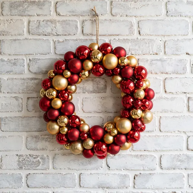 A wreath of red and gold glass Christmas baubles hangs on a whitewashed brick wall with twine