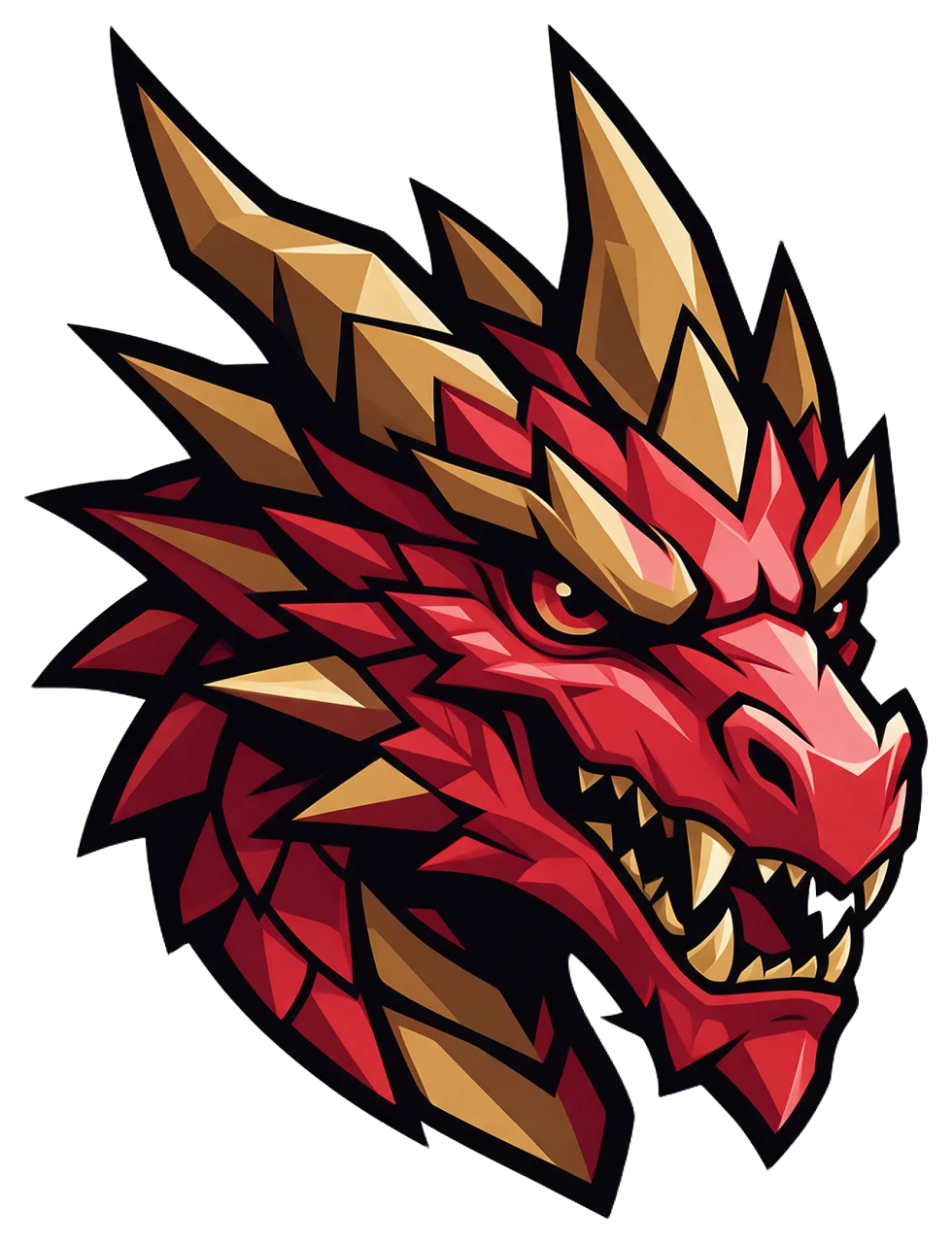 Fierce three-quarter view of a red and gold dragon head mascot illustration