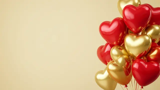Glossy red and gold heart-shaped balloons sit on the right of a pale gold empty background with copy space on the left