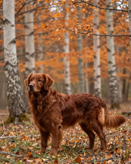 A dark red golden retriever stands in profile view in a sun-dappled autumn forest with orange foliage