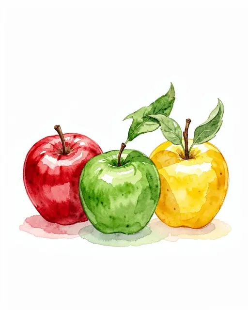 Watercolor illustration of a red, a green, and a yellow apple set side by side with leafy stems on a plain white background