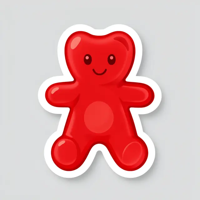 Cute translucent red gummy bear sticker with a thick white border sits on a plain light gray background