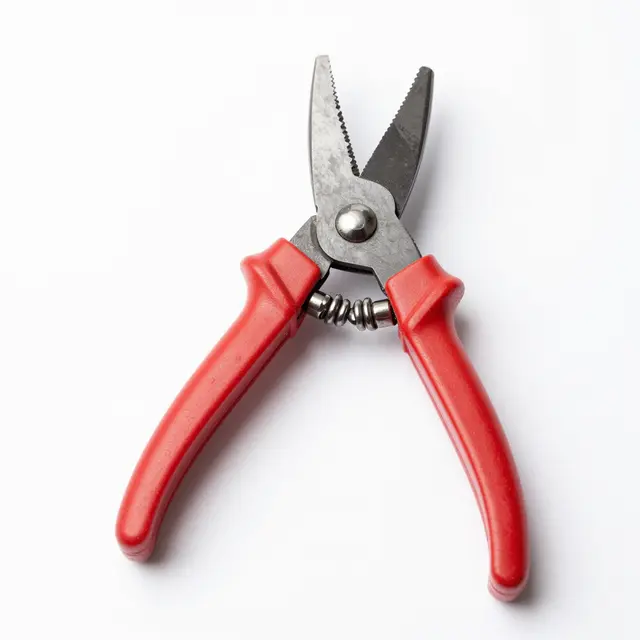 Open bypass pruning shears with red handles resting on a plain white background