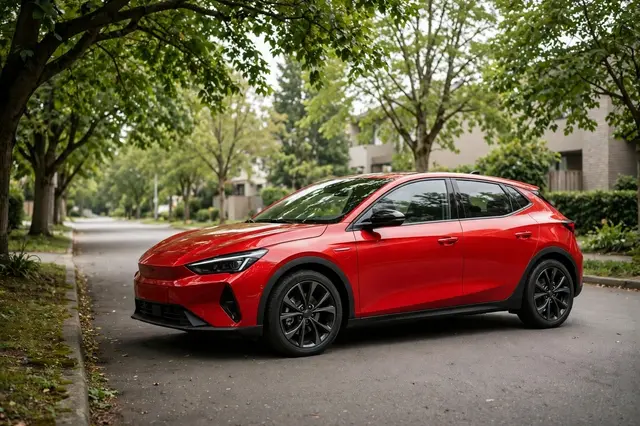 A modern red hatchback car sits parked along a tree-lined quiet residential street.