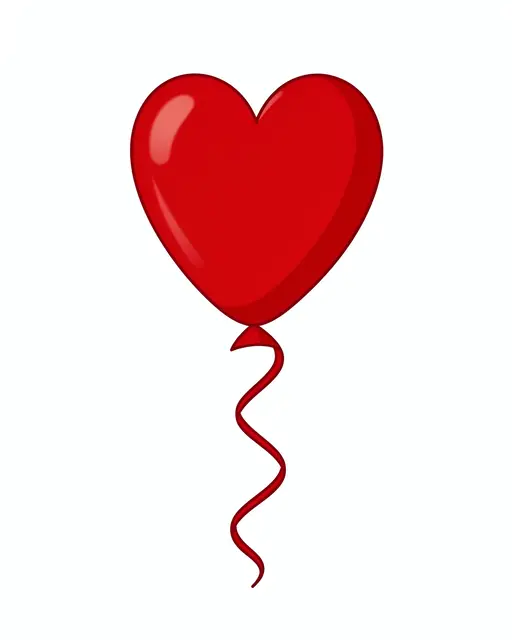 A glossy red heart-shaped balloon with a curly red ribbon isolated on a plain white background
