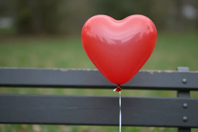 A shiny red heart-shaped balloon rests in front of a dark wooden park bench with blurred park grass in the background.