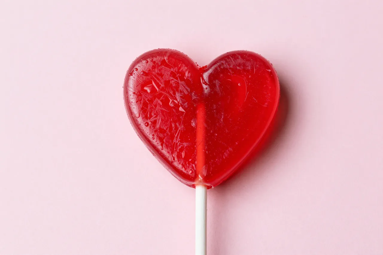 A glossy red heart-shaped lollipop rests centered on a solid soft pink background.