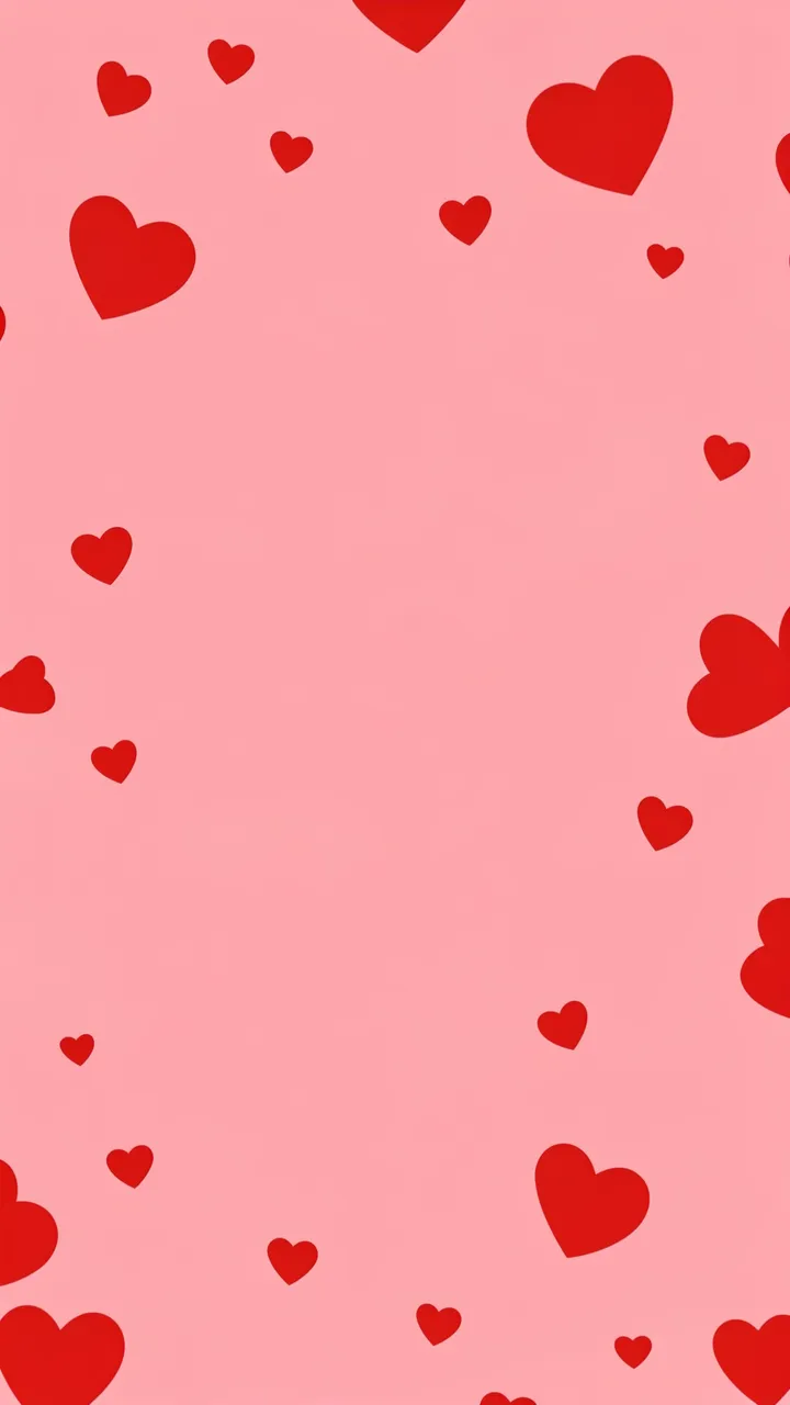 Scattered solid red hearts of varying sizes arranged around the edges of a soft pink vertical background
