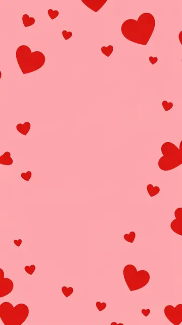 Scattered solid red hearts of varying sizes arranged around the edges of a soft pink vertical background