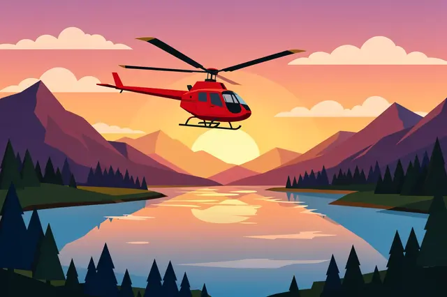 Red helicopter flies over a calm mountain lake during a vibrant pink and orange sunrise