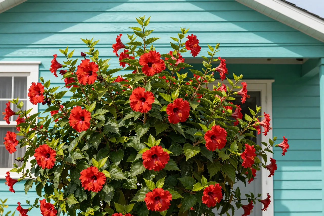 A lush red hibiscus shrub covered in bright blooms stands in front of a turquoise wooden home in bright sunlight.