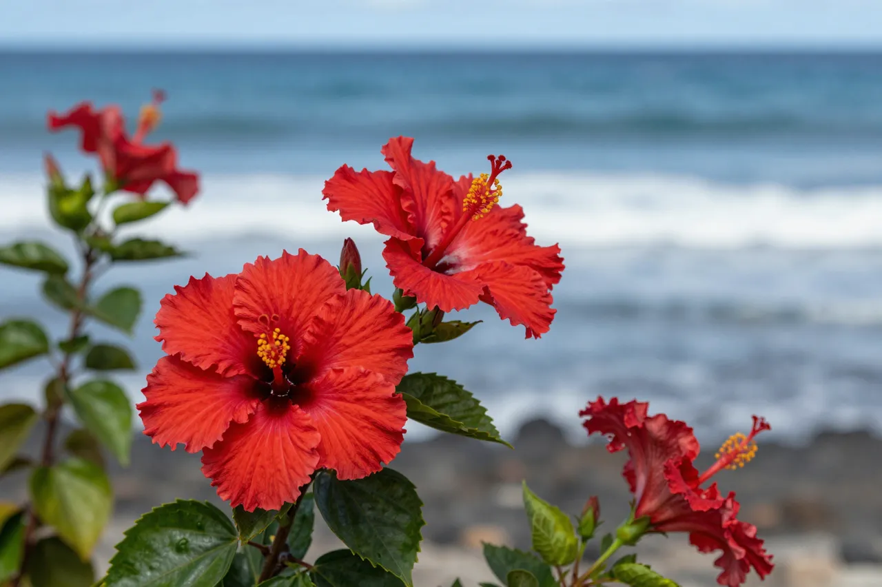 Sharp red hibiscus flowers with ruffled petals stand against a blurred turquoise ocean shoreline