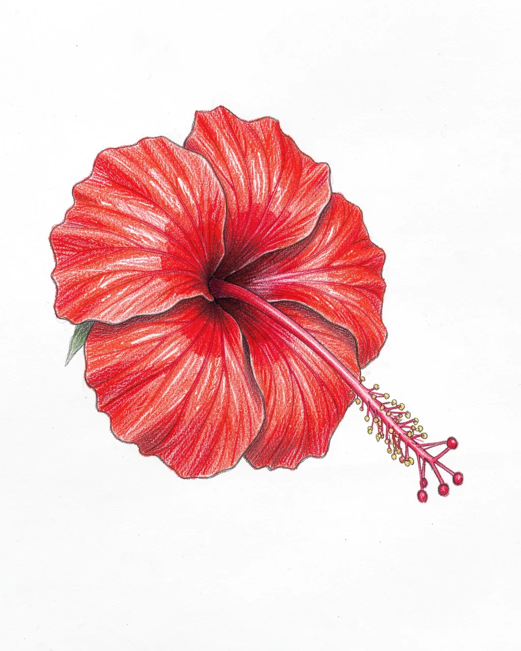 Detailed colored pencil drawing of a red hibiscus flower with a long stamen on plain white paper