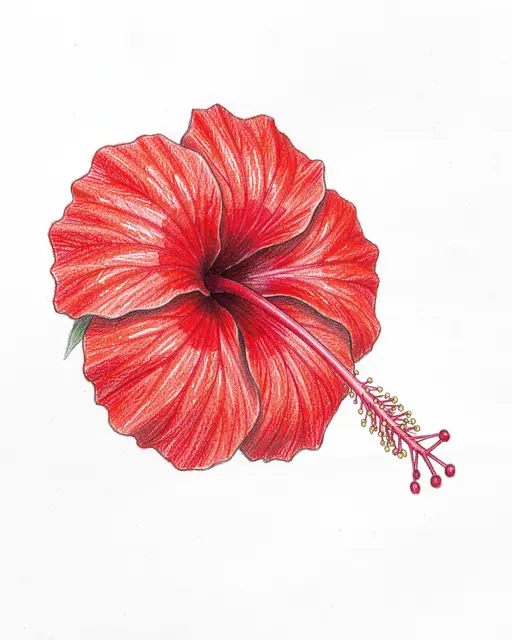Detailed colored pencil drawing of a red hibiscus flower with a long stamen on plain white paper