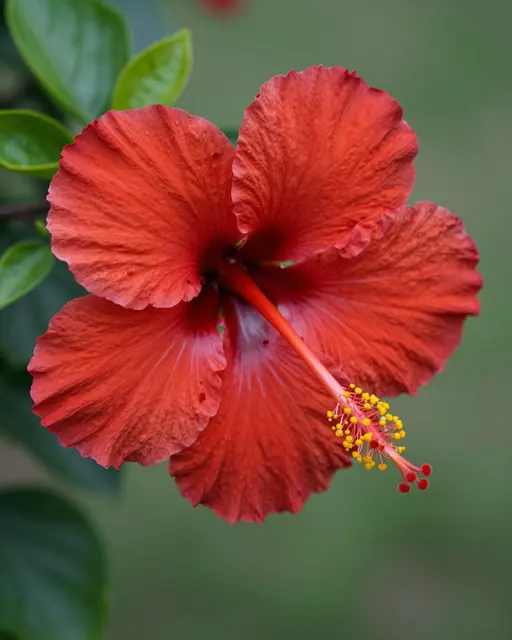 Close up macro shot of a red hibiscus flower with a long yellow-tipped stamen against soft blurred green foliage