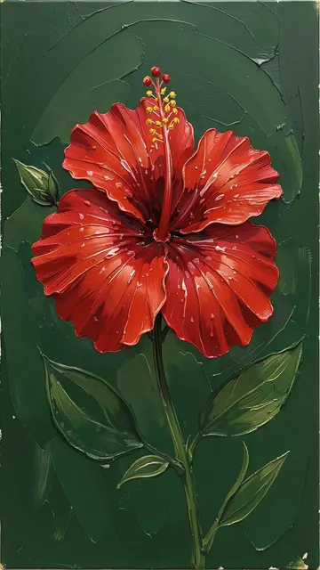 Thick impasto palette knife painting of a vibrant red hibiscus against a dark green background