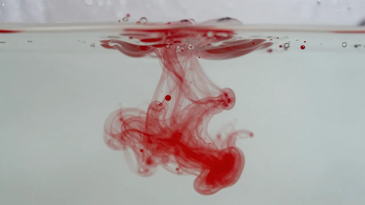 Wispy swirling red ink spreads downward through clear still water near the surface