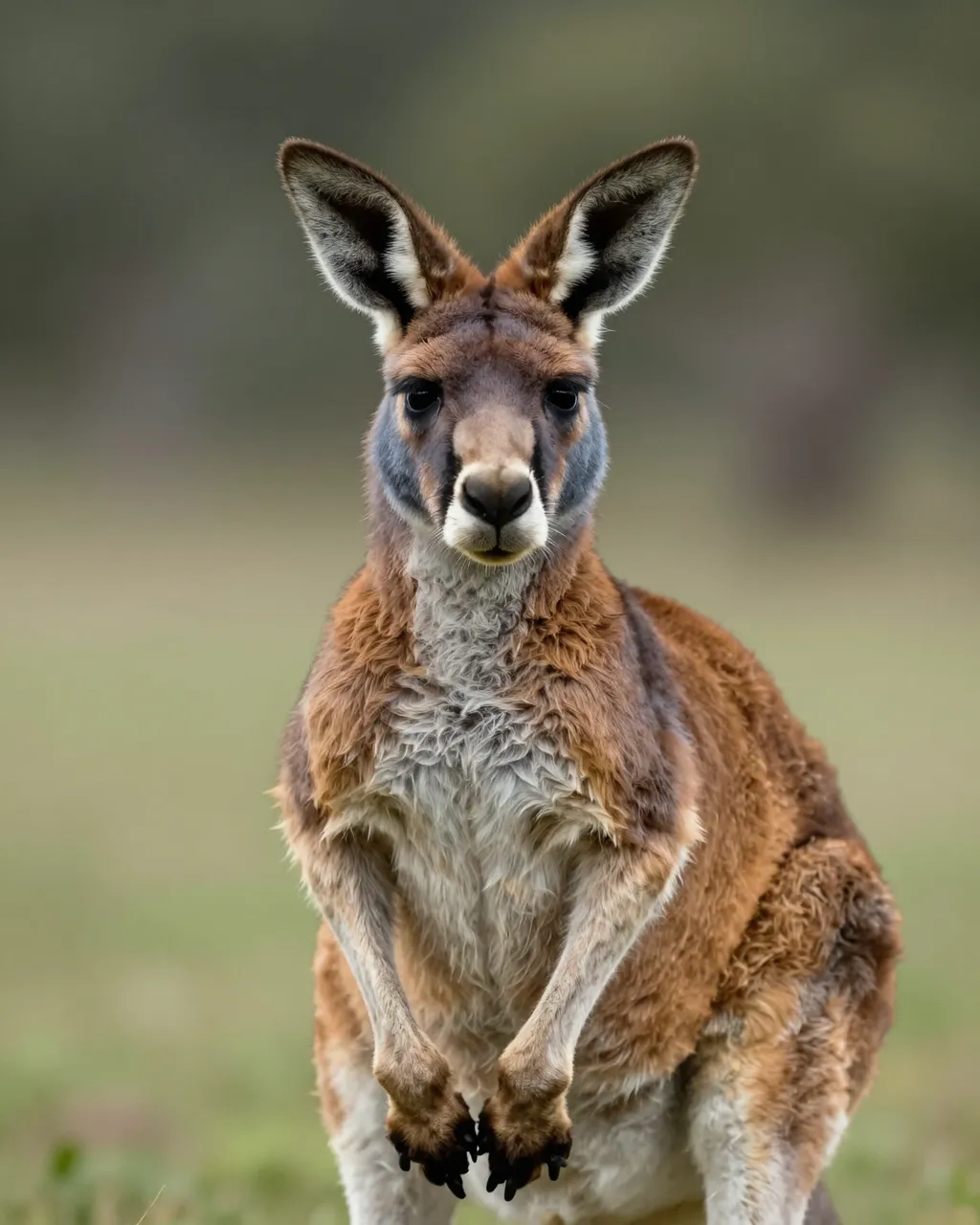 A red kangaroo stands facing the camera in soft natural outdoor light with a blurred grassy background