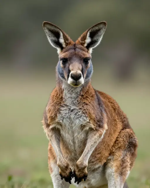 A red kangaroo stands facing the camera in soft natural outdoor light with a blurred grassy background