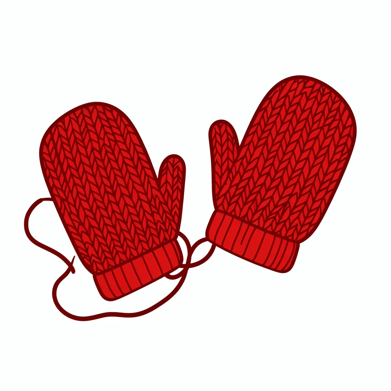 Flat clipart of a pair of red knitted mittens connected by a string, isolated on a plain white background