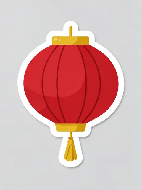 Flat illustration die-cut sticker of a red Chinese lantern with gold tassel on light gray background