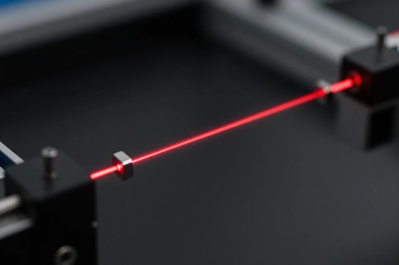 A bright red laser beam passes between small optical components on a dark lab work surface