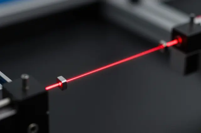 A bright red laser beam passes between small optical components on a dark lab work surface
