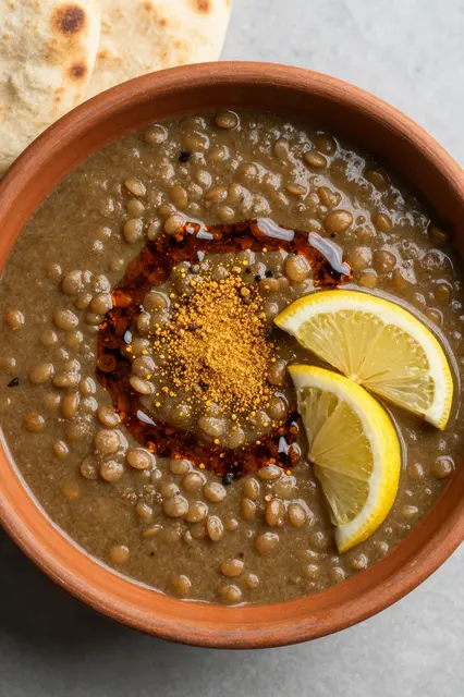 Overhead view of spiced lentil soup with lemon wedges, chili oil, and flatbread on a light countertop