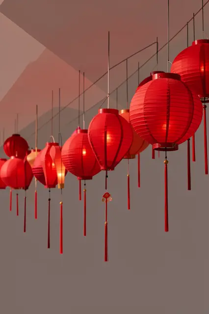 Glowing red paper lanterns hang in a receding diagonal row against a muted neutral background