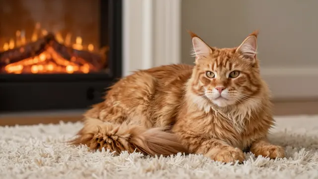 Fluffy orange Maine Coon cat rests on a thick cream rug beside a glowing lit fireplace