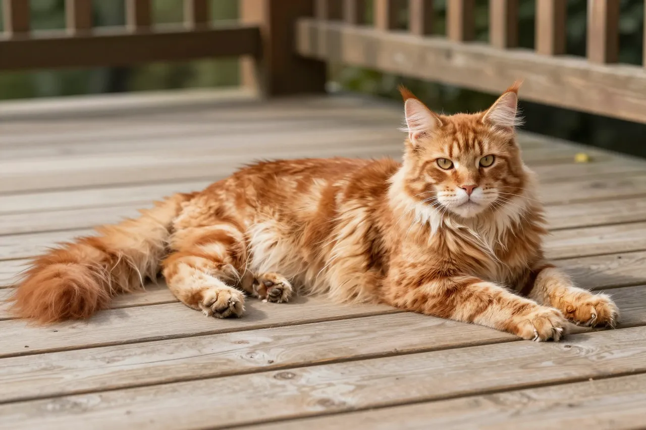 A fluffy red tabby Maine Coon lies stretched out on a wooden porch in warm afternoon sunlight.