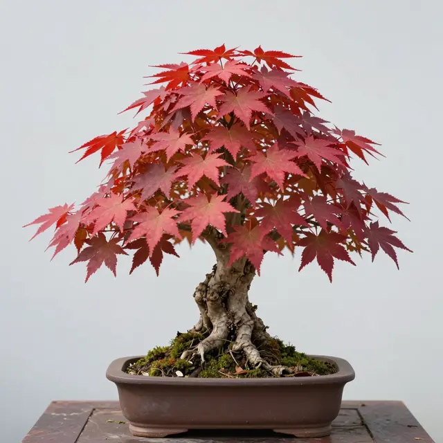 A vibrant red autumn maple bonsai tree sits in a shallow ceramic pot on a wooden table