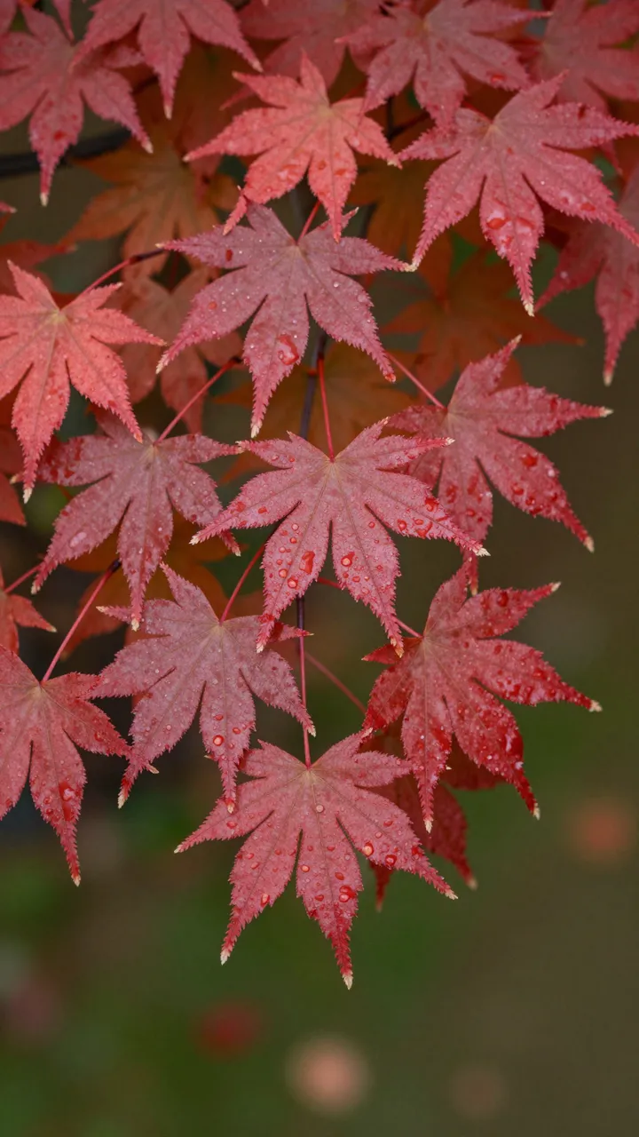 Close-up of dewy red maple leaves clustered against a soft blurred green background