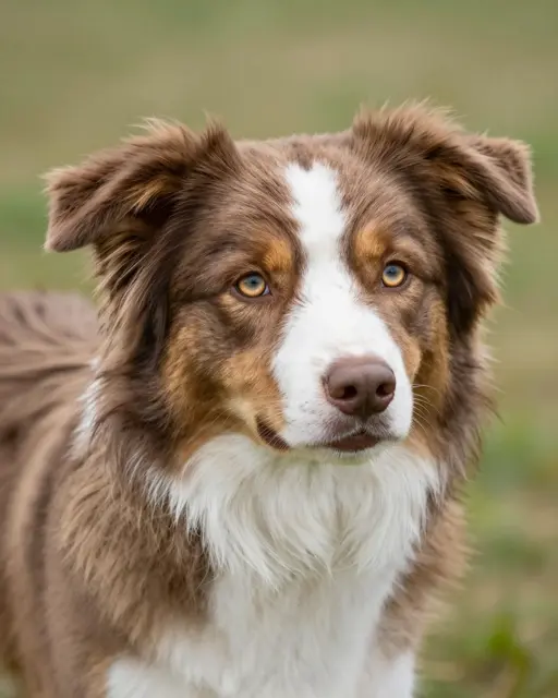 Close-up portrait of a red merle Australian Shepherd with amber eyes looking directly at the camera