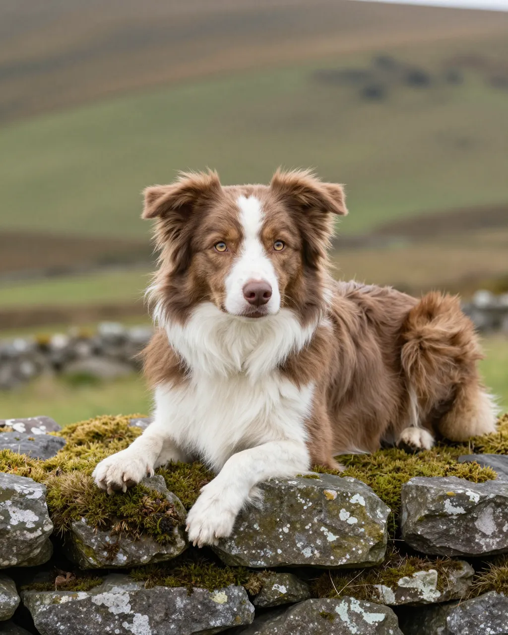 A red and white Border Collie with amber eyes rests on a mossy stone wall in rolling grassy hills