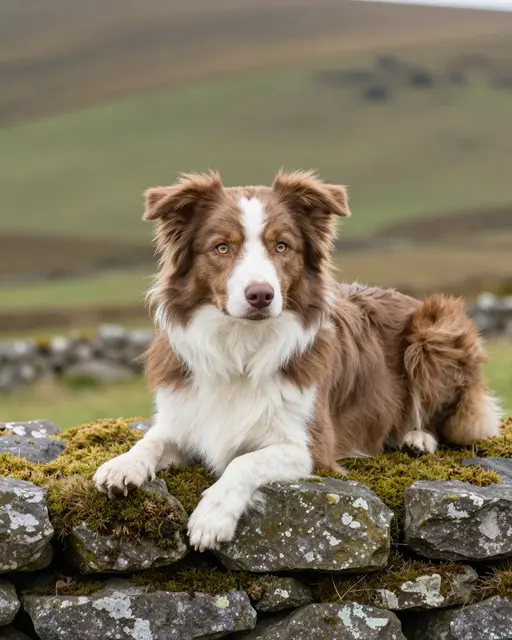 A red and white Border Collie with amber eyes rests on a mossy stone wall in rolling grassy hills